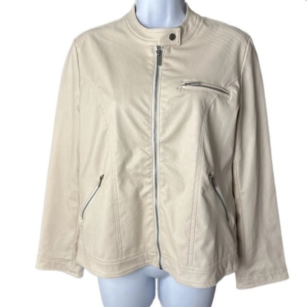 Just-One Faux Leather Moto Jacket Women SZ Medium Cream Full Zip Biker‎ RN124027
